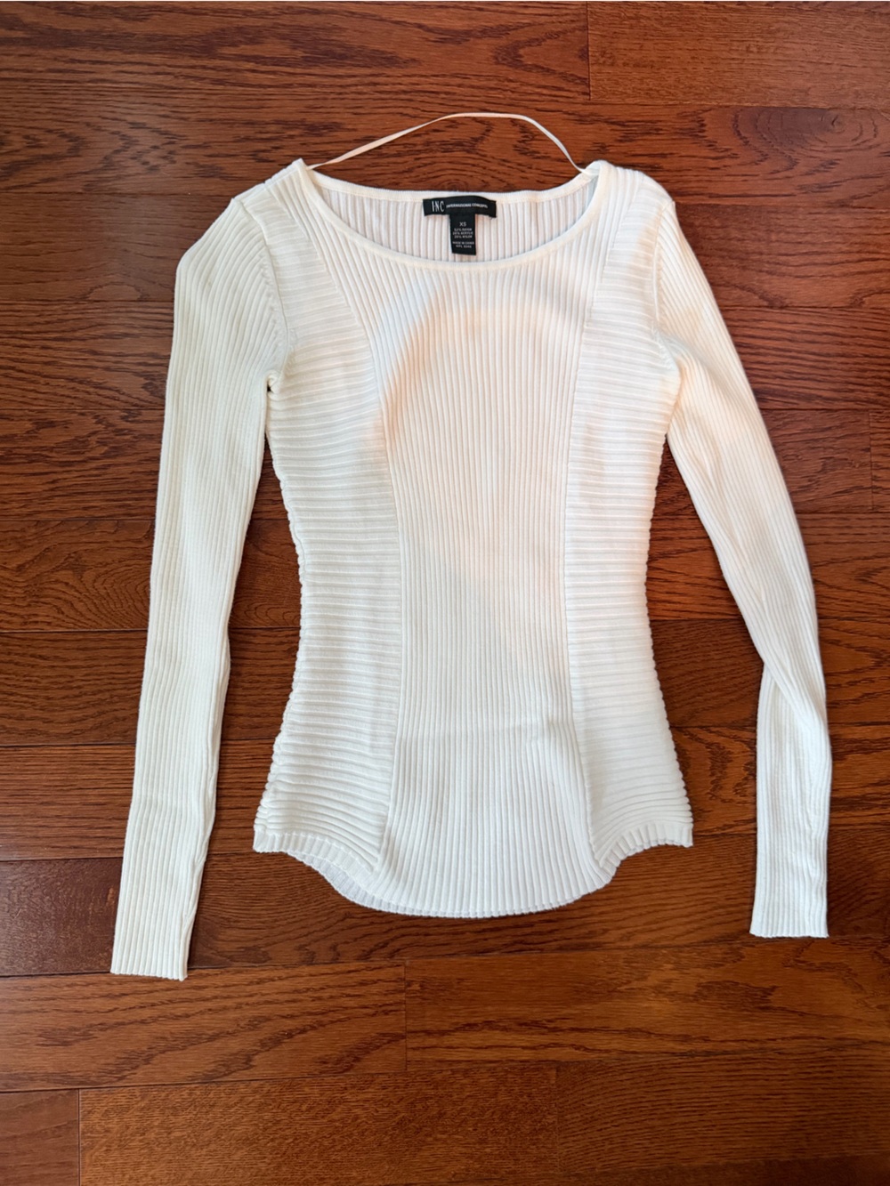 INC International Concepts Cream Ribbed Long-Sleeve Scoop Neck Top